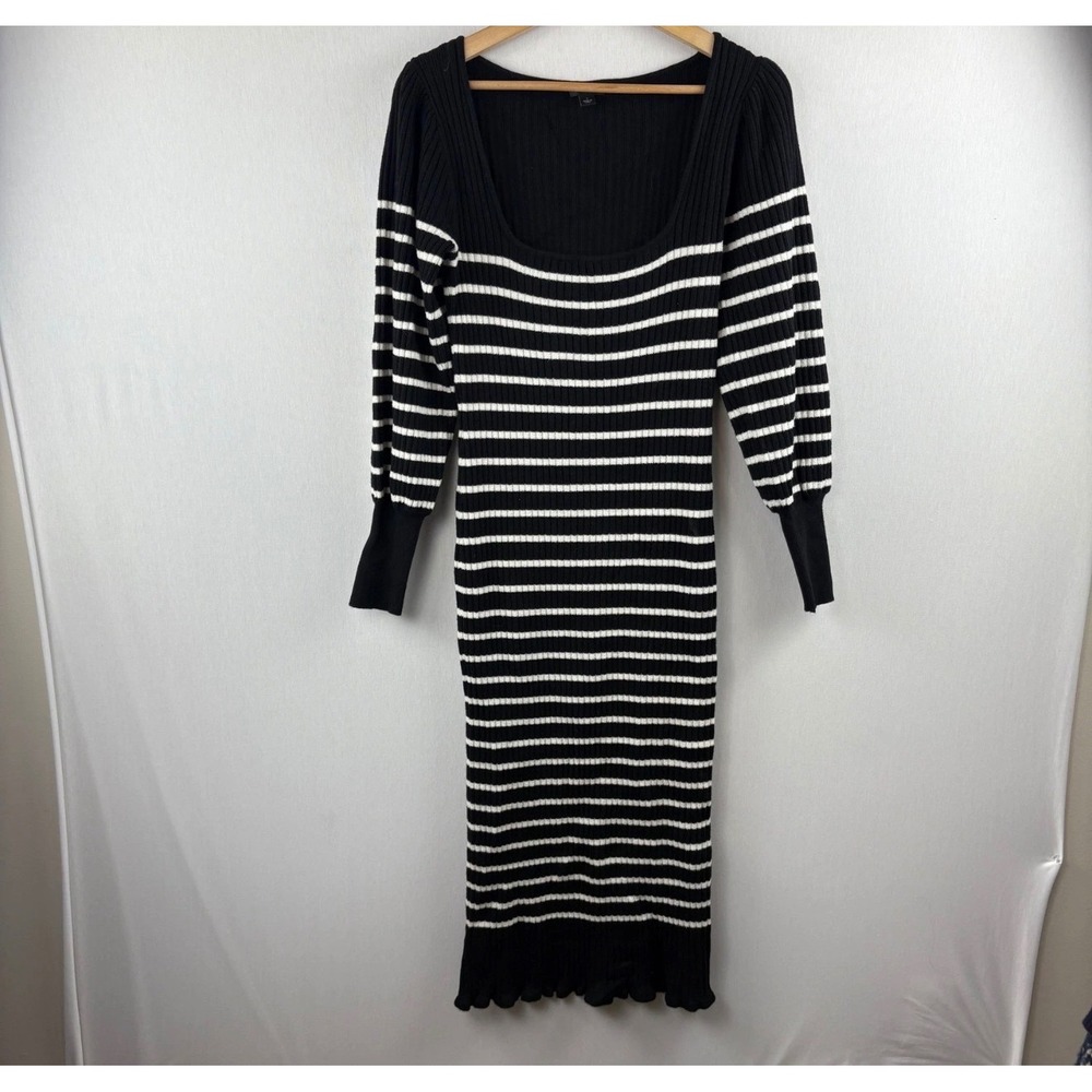 Ann Taylor Sweater Dress Womens S Black Striped Ribbed Scoop Neck Long Sleeve
